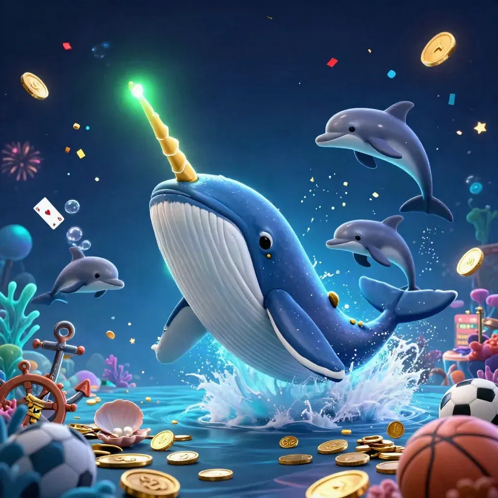 Whale captain, narwhal, and dolphins burst through coins in an underwater treasure cove.