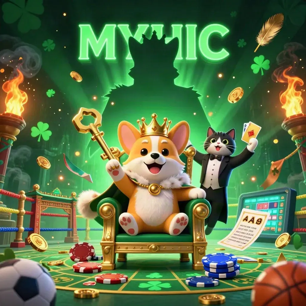 Royal corgi and cat butler amid neon casino chaos, chips, coins, temple gate, ring, and glowing effects.