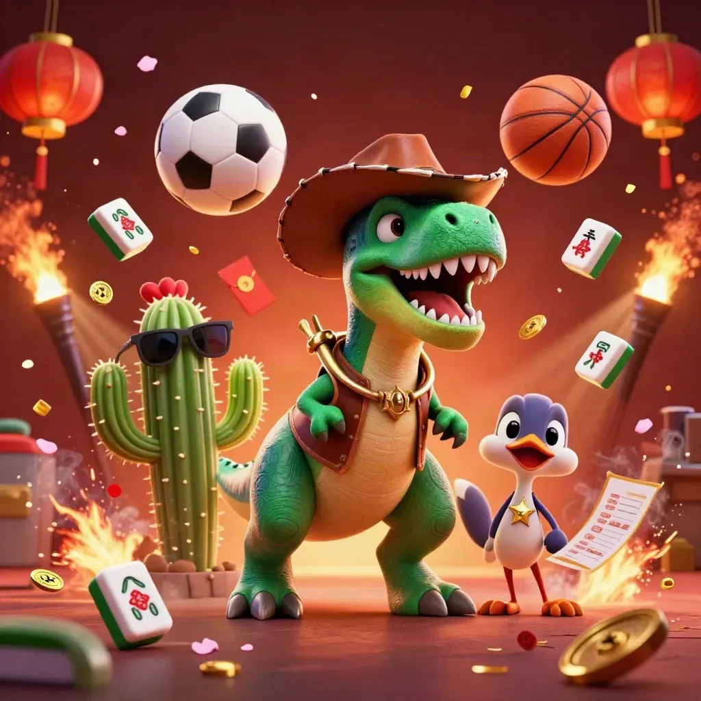 Cowboy T-Rex trio bursting through neon casino sports props in a fiery low-angle scene.