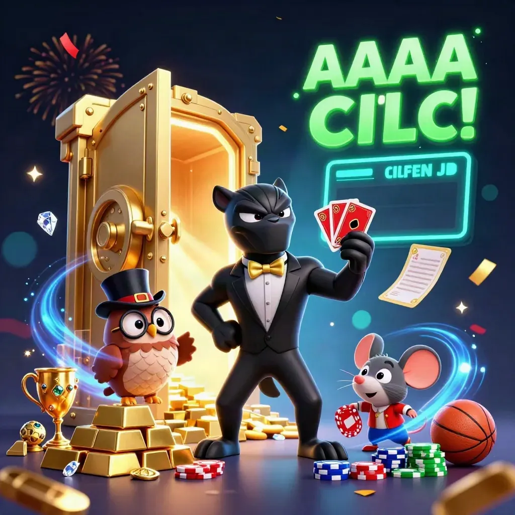 Panther, owl and mouse amid treasure vault light, gold and neon gaming effects.