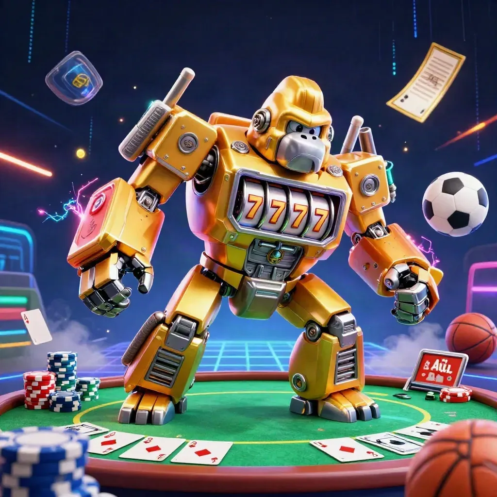 Golden gorilla mech with casino props, neon bolts, and sports balls in a dark arena.