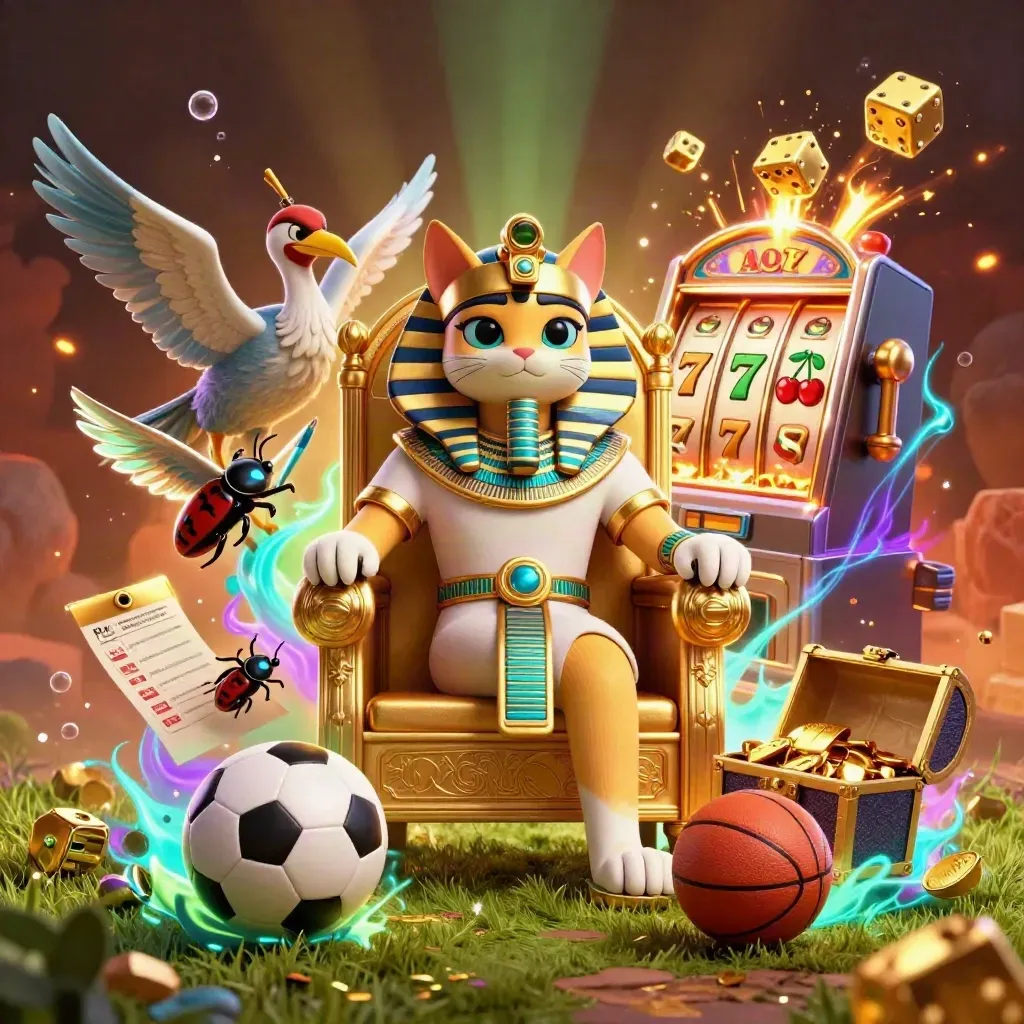 Pharaoh cat, ibis scribe and gem-winged scarabs amid slot reels, balls, gold and neon effects.