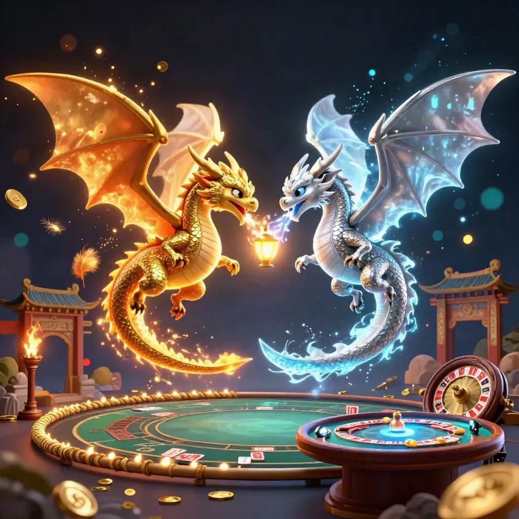 Gold and silver dragons spiral through a neon casino scene with temple gate, ring, and roulette wheel.