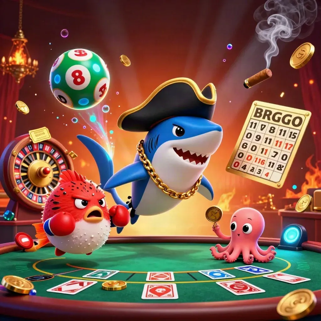 Pirate shark, boxing pufferfish and juggling octopus amid casino wheels and neon luxury glow.