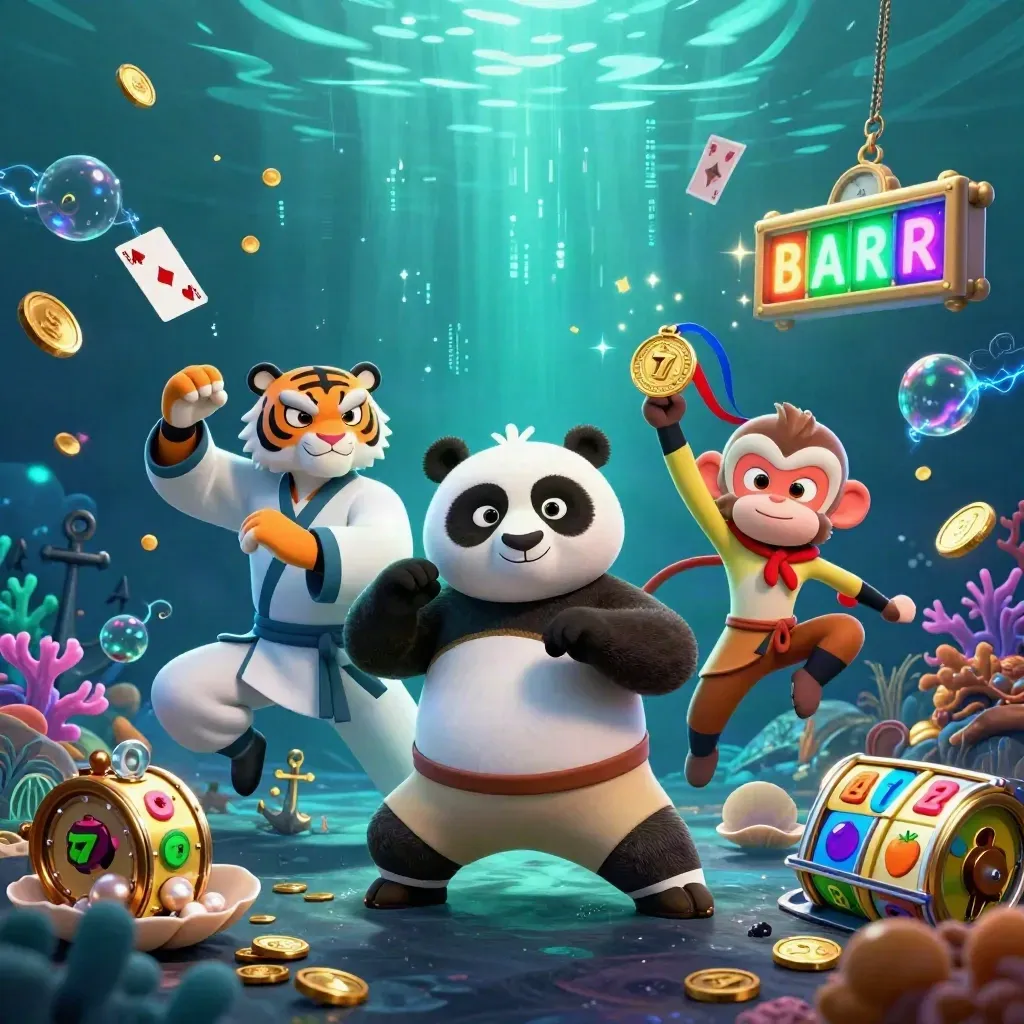 Tiger, panda, and monkey hero crew in a glowing underwater treasure cove with coins and neon effects