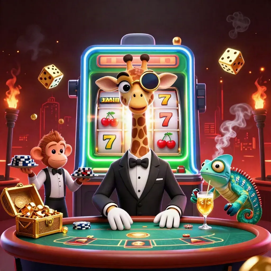 Giraffe, monkey and chameleon around a bursting jackpot slot machine in neon casino art.