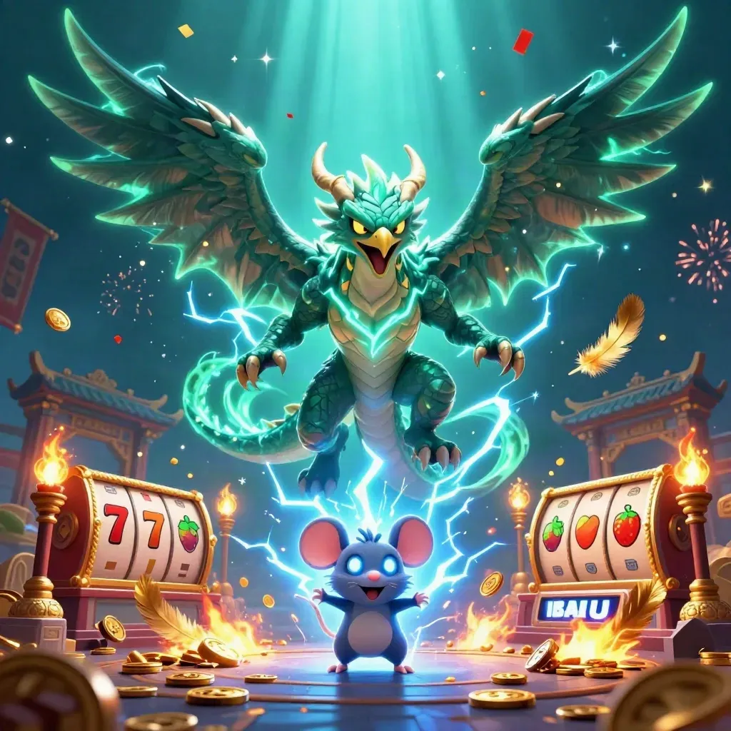 Thunder dragon, wind hawk, and static mouse amid neon casino treasure, lightning, coins, and temple ruins.