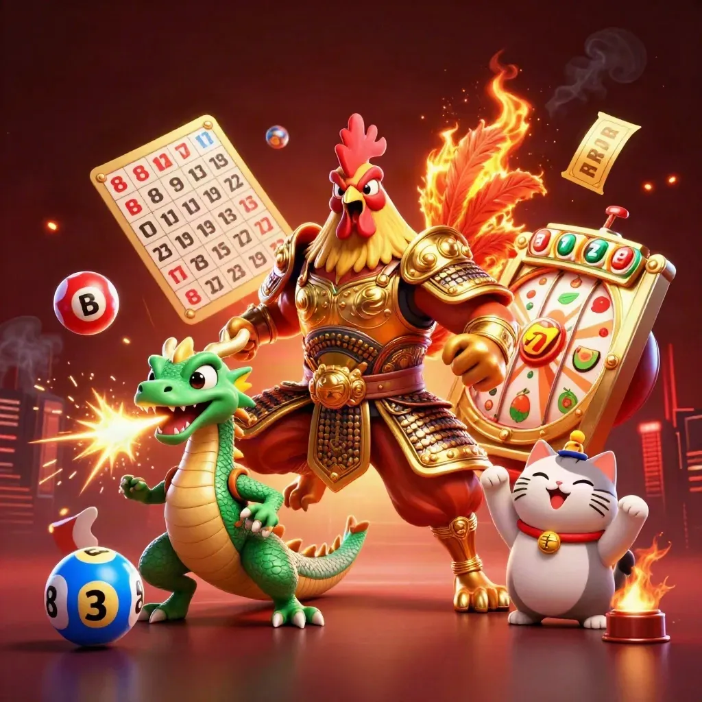 Rooster warrior, spark-breathing hatchling and cheering fortune cat amid neon casino bursts.
