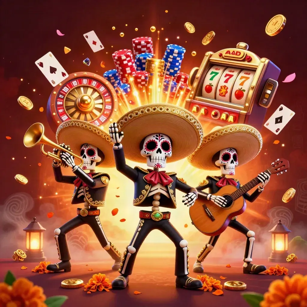 Skeleton mariachi trio amid coins, gems, roulette, chips, and neon green casino glow