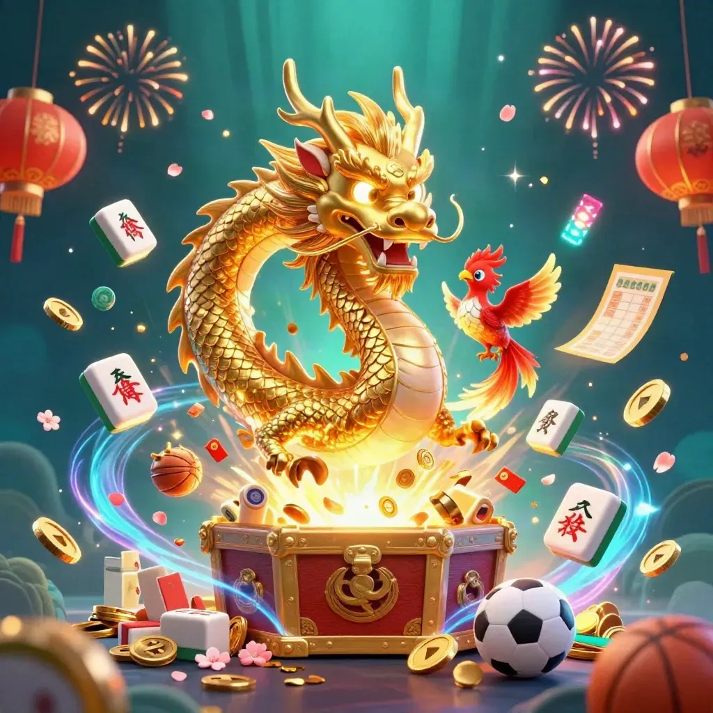 Golden dragon, phoenix and koi bursting from treasure with coins, fireworks and sports icons.