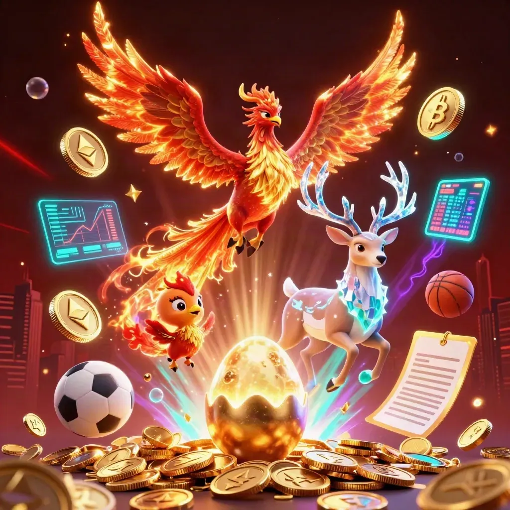 Phoenix, stag and hatchling burst through neon coins, lightning and treasure in a dark esports glow.