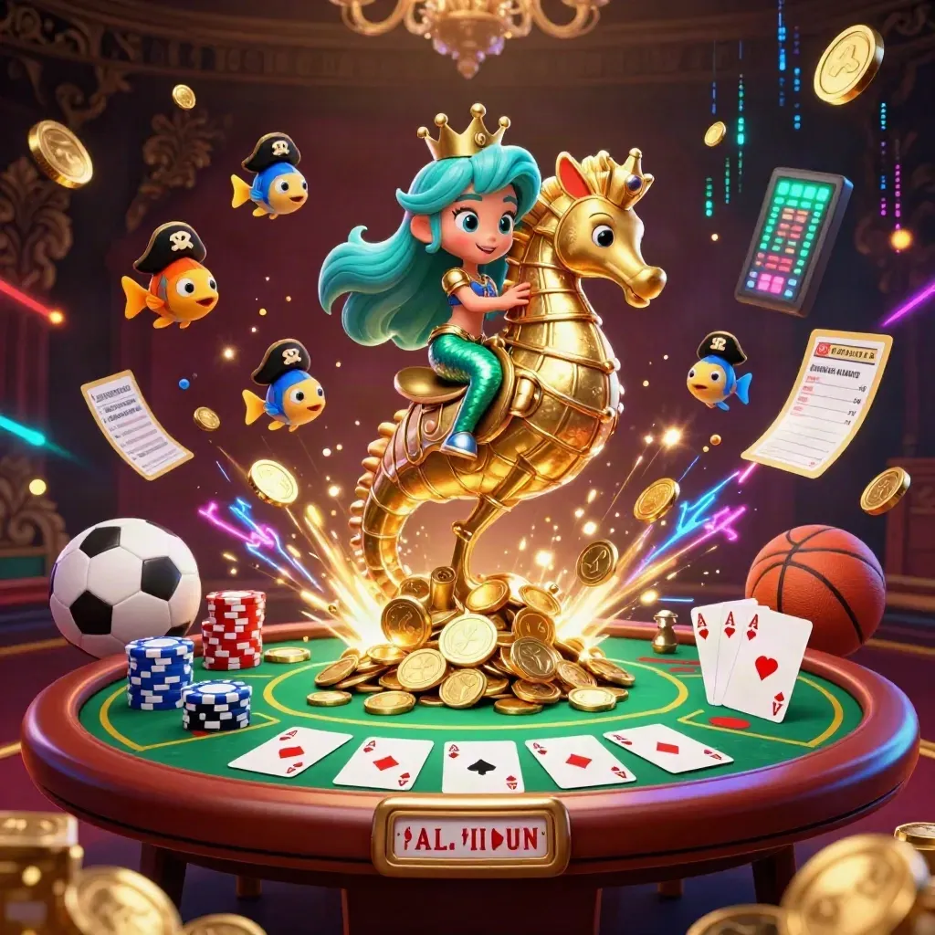 Mermaid princess on armored seahorse amid poker chips, coins, neon sparks, and casino treasure chaos.
