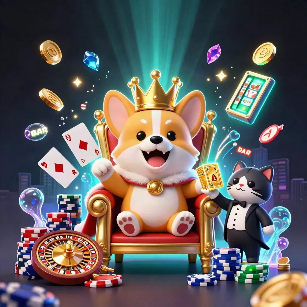 Royal corgi on chip throne with cat butler, coins, roulette wheel, neon slots and jackpot glow