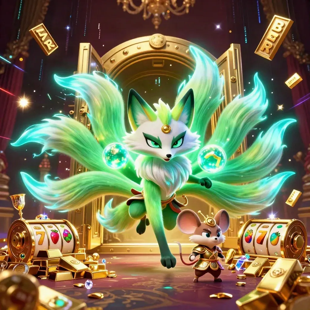 Neon fox spirit and armored mouse amid treasure vault, slot symbols, and electric casino effects.