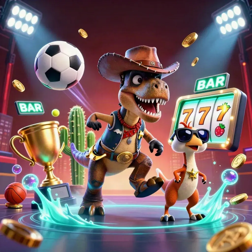 Cowboy T-Rex, cactus and roadrunner bursting through neon casino action with coins and stadium lights.
