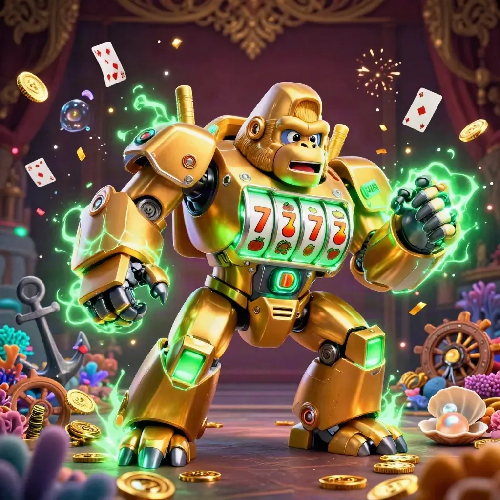Golden gorilla slot-mech with monkey pilot amid treasure cove coins, coral, and neon energy.